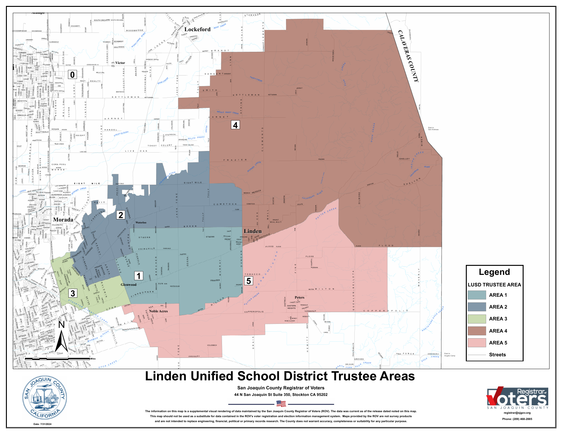 Linden Unified School District trustee areas 1–5. Area 4 is the brown region in the northern and eastern portion of the district. Open the PDF to zoom in on streets.